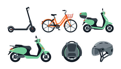 Eco Friendly Urban Micromobility Transportation Icon Set with Electric Scooter Bicycle Moped Motorbike Unicycle and Safety Helmet Vector © amzad