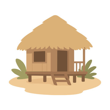 Hand-drawn vector illustration of a tropical bamboo hut with a thatched roof on a sandy beach, featuring small wooden steps, a porch railing, and lush green leaves in a flat cartoon style
