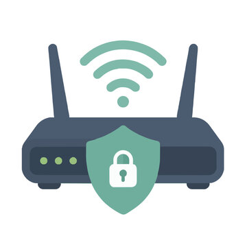 Secure wifi router vector icon illustration featuring a dark navy wireless modem with twin antennas and a green shield bearing a padlock symbolizing protected network