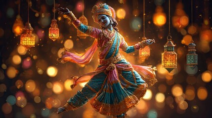 Fototapeta premium Krishna joyfully dancing at a vibrant traditional Indian festival, dressed in colorful garments and surrounded by glowing lanterns, creating a lively and spiritual atmosphere of celebration. 