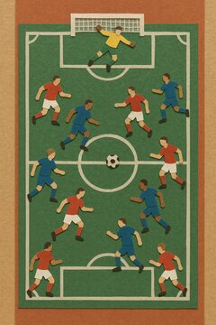 Paper-cut illustration of male soccer players on a green field