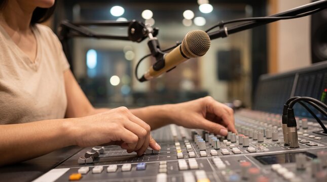 Woman hands adjusting knobs on professional audio mixing console in radio studio, microphone closeup, broadcasting podcast recording sound engineering production concept