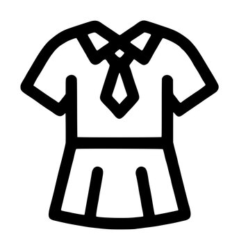 Hand-traced black vector icon illustration of a school uniform dress with collar, short sleeves, necktie, and pleated skirt for academic dress code graphics