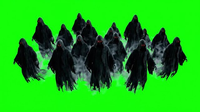 Group of scary ghosts floating on a green screen background