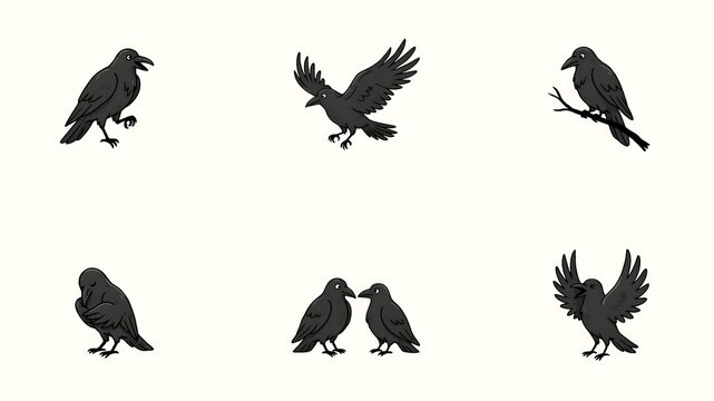 Collection of eight isolated black raven silhouettes in various poses
