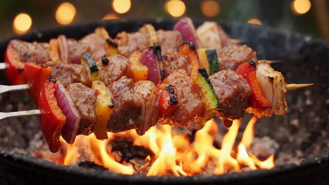 Delicious Grilled Meat and Vegetable Kebabs Cooking Over Open Charcoal Fire