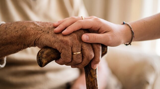 Close up of young hand gently holding and comforting elderly wrinkled hand resting on wooden cane, symbolizing care, support, love, family bond, aging, and intergenerational