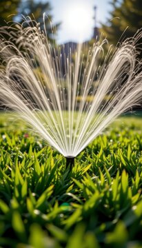 High tech irrigation sprinkler system watering green grass lawn in morning