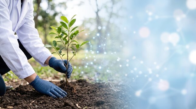 Scientist in lab coat planting young tree sapling in soil, combining biology research with environmental conservation, sustainable ecology and green technology for carbon