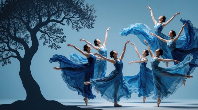Group of ballerinas in flowing blue dresses perform graceful poses near a silhouetted tree. Their elegant dance conveys harmony and artistic expression against a soft blue backdrop.