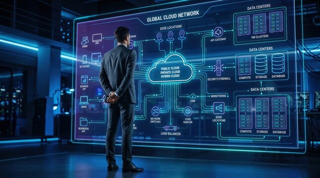 Man in suit viewing massive global cloud network infographic showing public private hybrid cloud architecture, edge locations, data centers and security firewall systems.