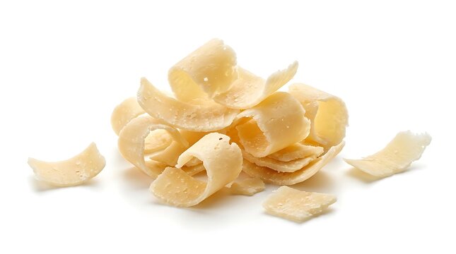Fresh shaved parmesan cheese curls isolated on a clean white background for food design.
