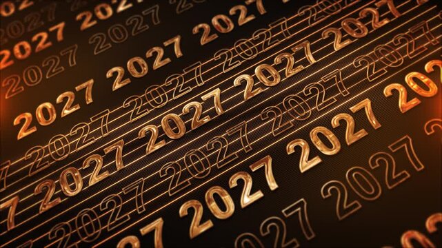 Rows of luminous 2027 numerals extend dark cinematic scene warm bronze amber tones. futuristic New Year countdown sequences, annual presentations, celebration advertising, titles, and broadcast
