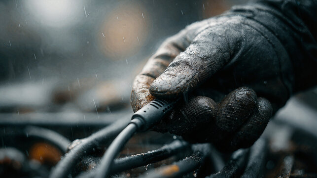 Close-up of a gloved hand connecting an OBD-II cable to a car's diagnostic port