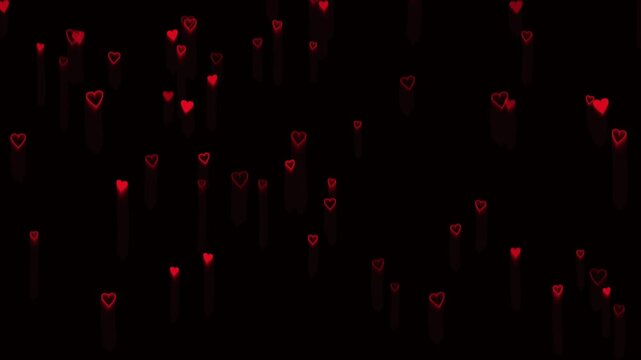 Floating red heart shapes glowing against a dark night sky background with light trails