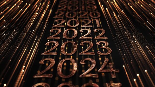 A cinematic sequence of metallic years visual timeline warm trails perspective depth. corporate reviews, historical recaps, financial presentations, planning, progress reports, calendar transitions.