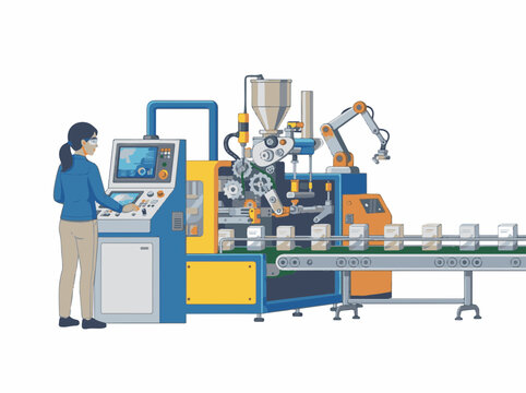 Female Operator Monitoring Industrial Automated Packaging Machine on Factory Production Line