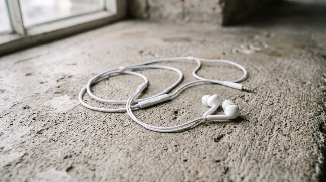 White wired earphones lying on textured concrete floor near window, minimalist audio accessory detail shot, music listening equipment and personal sound device in urban setting.