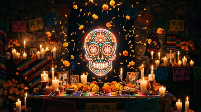 Glowing neon sugar skull over traditional Day of the Dead altar, marigold flowers, candles, Hispanic Heritage Month celebration, Dia de los Muertos ofrenda.