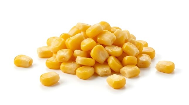 Pile of fresh sweet corn kernels isolated on white background for food photography.