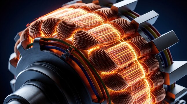 Close view of internal brushless DC motor rotor with glowing copper coils. Electrical energy transfer and dynamic motion visualized within mechanical engineering device. Power generation concept.