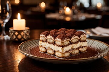Fototapeta premium Layered tiramisu dessert dusted with cocoa sits on a plate near a lit candle. A cozy restaurant setting with soft bokeh lights creates a romantic atmosphere.