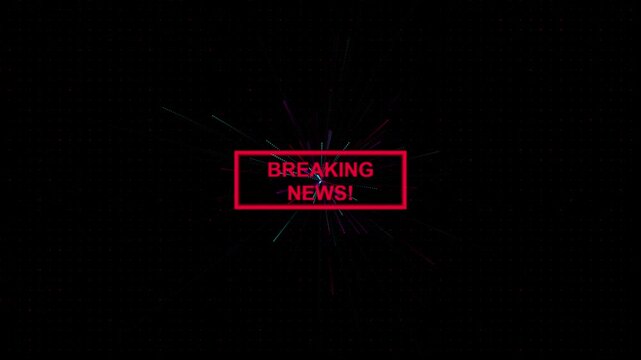Breaking news graphic with digital explosion effect and bold red text on black space background