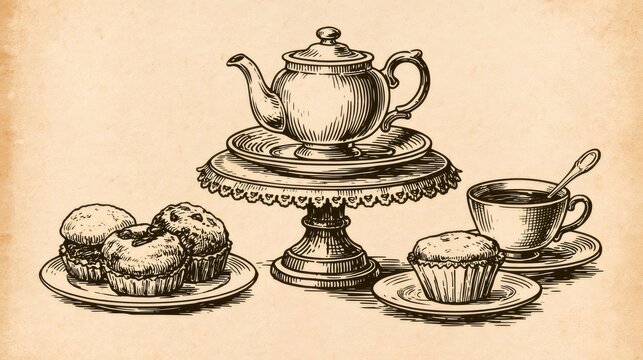 Afternoon tea service with teapot, cup, and muffins