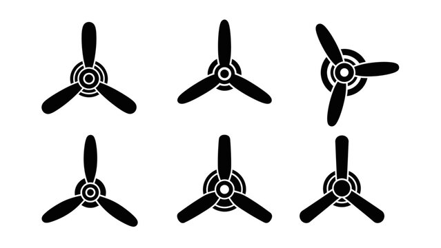 Set of black aircraft and boat propeller icons in silhouette.