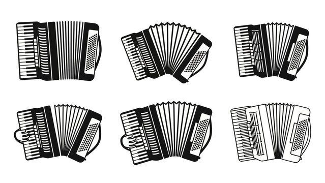 Set of black and white accordion musical instrument icons.
