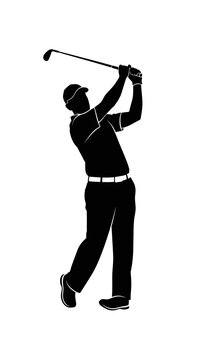 Silhouette of a male golfer completing a full follow-through swing.