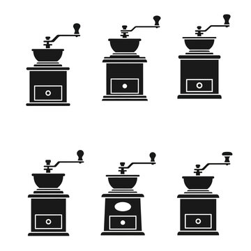 Set of vintage manual coffee grinder icons.