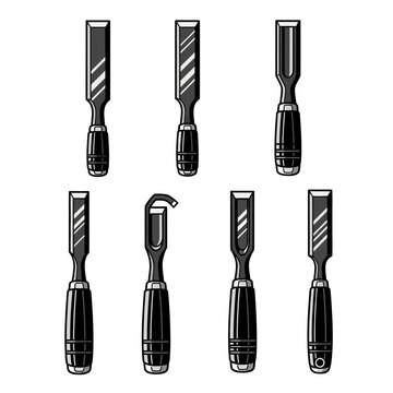 Woodworking chisel tool silhouette set.
