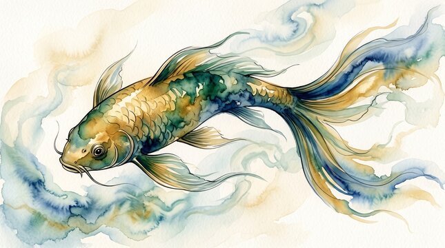 Watercolor Koi Fish Illustration, Gold Emerald Sapphire Jewel Tone Mystical Art