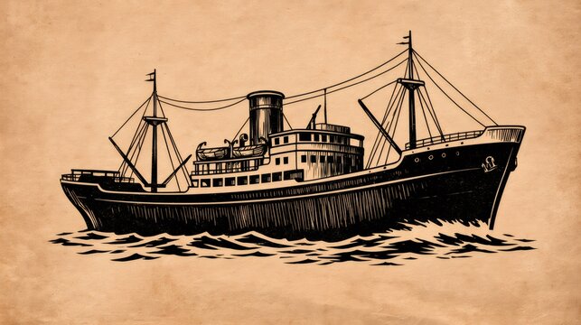 Vintage cargo ship navigating rough seas sketch on old paper