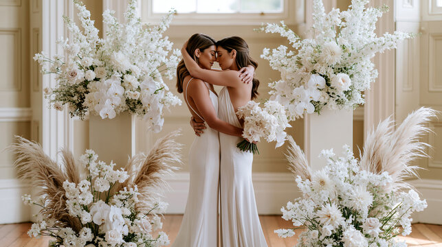 Same-sex bridal couple embracing tenderly amid elegant white floral arrangements, sophisticated wedding editorial with soft romantic light and refined luxury decor.