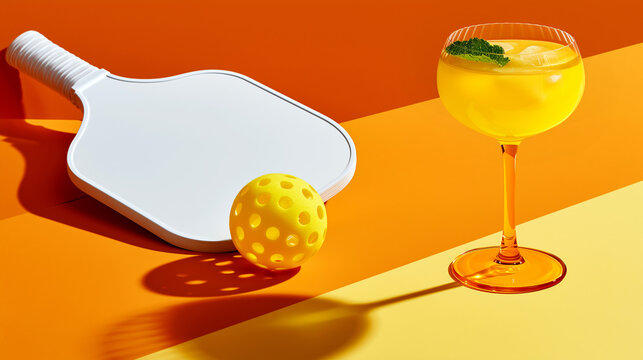 Pickleball paddle, ball and a chilled mocktail sit on a bold yellow-orange background. Minimalist aperitivo banner with vibrant colors and generous copy space for branding.