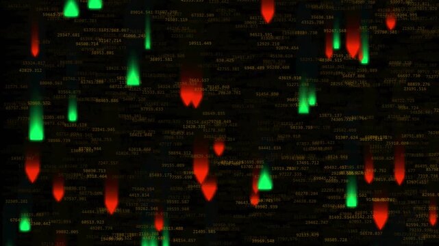 Complex financial data visualization with candlestick chart patterns and numerical stock market indicators