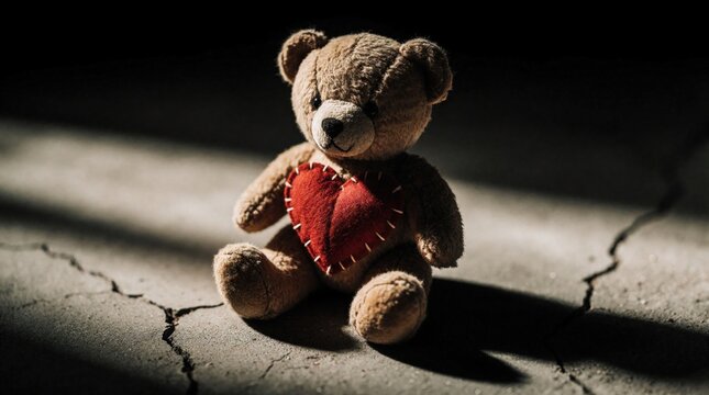Sad teddy bear with red heart sits on cracked ground. Soft toy has broken heart symbol. Dark moody lighting emphasizes loneliness and sorrow.