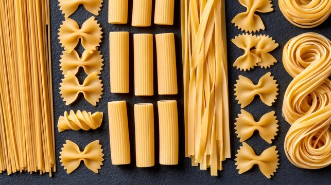 Assortment of different dry pasta shapes arranged on a dark background