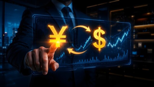 Businessman interacting with futuristic transparent digital screen showing Yen to Dollar currency exchange and stock market charts