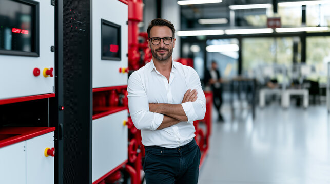 Data center safety engineer standing beside clean agent fire suppression control cabinet, confident expression, cool enterprise lighting, server room architecture, copy space, premium B2B editorial.