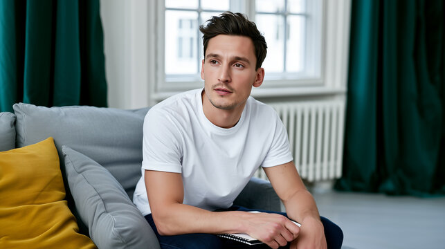 Thoughtful young man in a white t-shirt sits with a sketchbook on his lap, gazing into the distance in calm reflection during a quiet analog creative moment at home.
