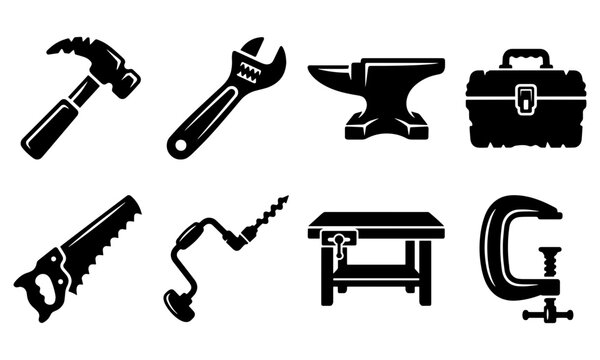 Tools and equipment icons set, black silhouettes of hammer, wrench, anvil, and toolbox