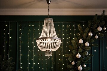 Fototapeta premium Elegant crystal chandelier hangs above fairy lights and fir branches. Festive indoor decor creates warm atmosphere for party or holiday gathering. Soft glow illuminates room.
