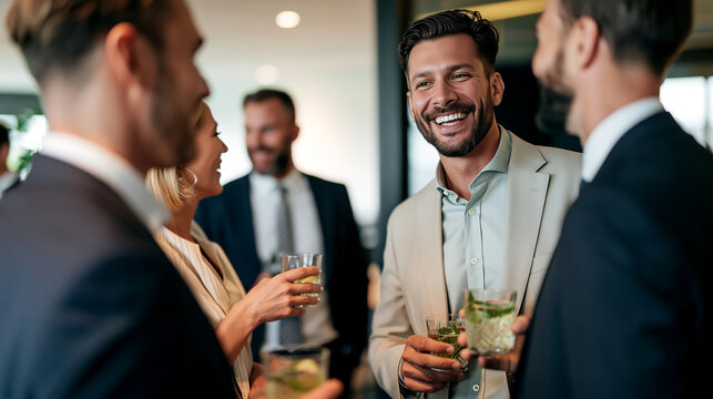 Business team celebrating with alcohol-free mocktails, smiling professionals networking at modern office event, sophisticated corporate lifestyle and teamwork success.