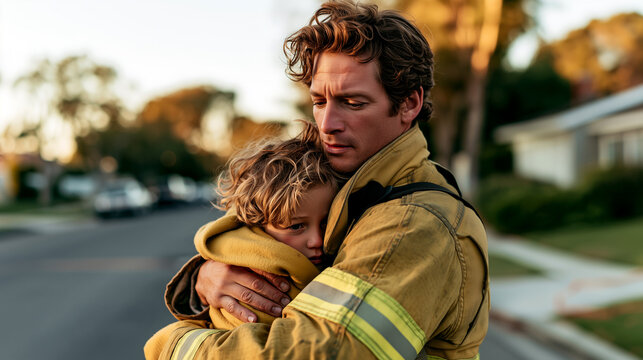Firefighter tenderly holding young child wrapped in blanket after rescue, calm reassuring embrace, emotional emergency storytelling in golden hour light.