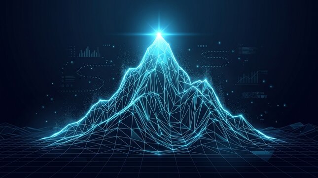 3D wireframe mountain peak with glowing blue light and digital grid structure in dark space