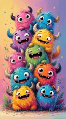 Fototapeta premium Group of colorful furry monsters stack high, smiling with big eyes and horns. Playful creatures celebrate with confetti, perfect for kids room decor and party invitations.