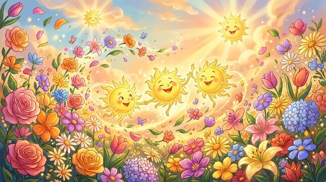 Cute cartoon suns dancing cheerfully above a vibrant blooming flower meadow, whimsical sunny summer landscape illustration.